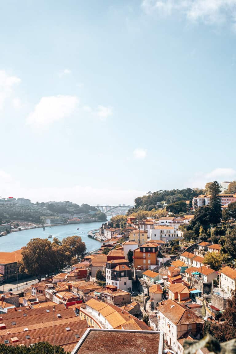 Een panoramisch uitzicht vanaf een Porto uitkijkpunt, met kleurrijke huizen en rode daken die de heuvels bedekken. De Douro-rivier kronkelt door de stad, met bruggen en groene heuvels op de achtergrond. Dit is een van de mooiste plekken om te genieten van het uitzicht over Porto.