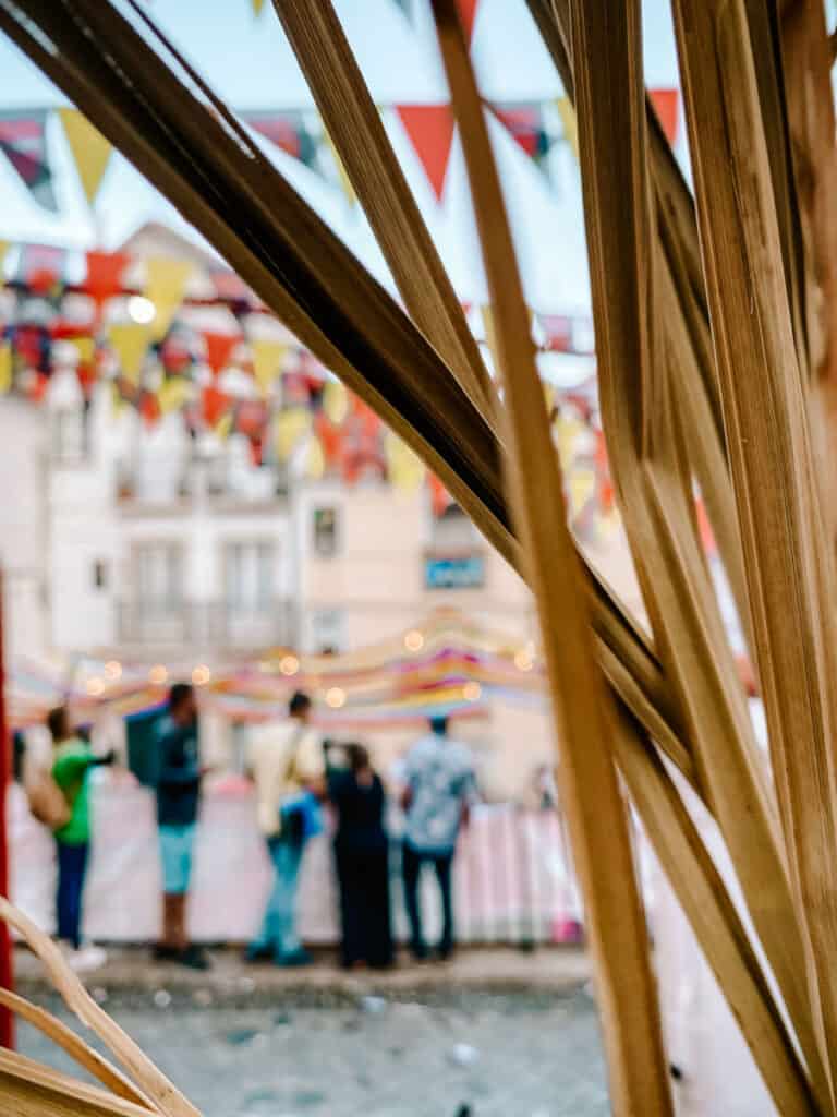 The Popular Saints Festival in Portugal is a colourful events. In this picture you see people underneath colourful garlands