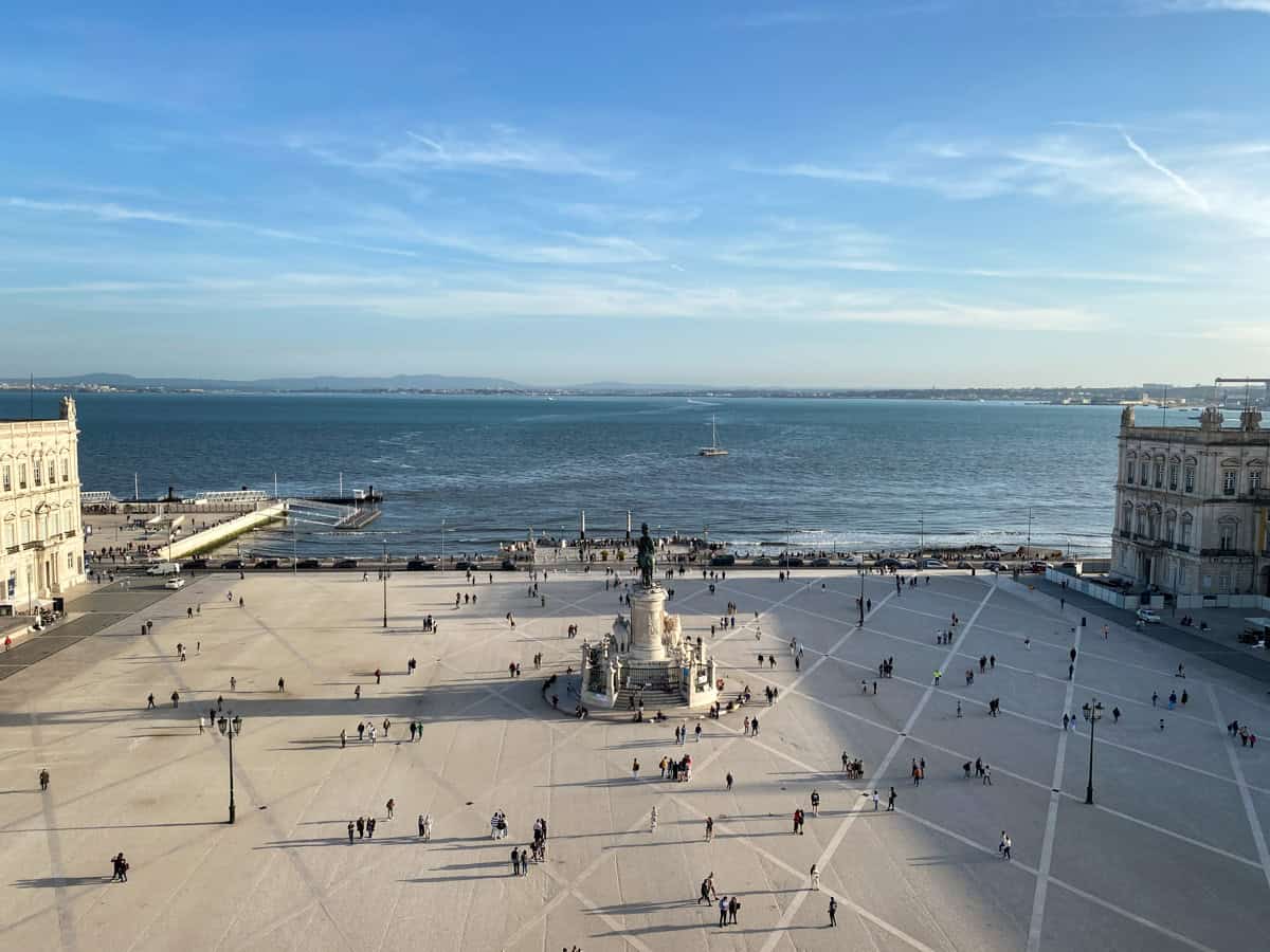 Wide view of Praça do Comércio in Lisbon in February on a sunny day, with people walking across the square and a calm Tagus River in the background. The clear blue sky highlights Lisbon's mild February weather, ideal for exploring outdoor landmarks.