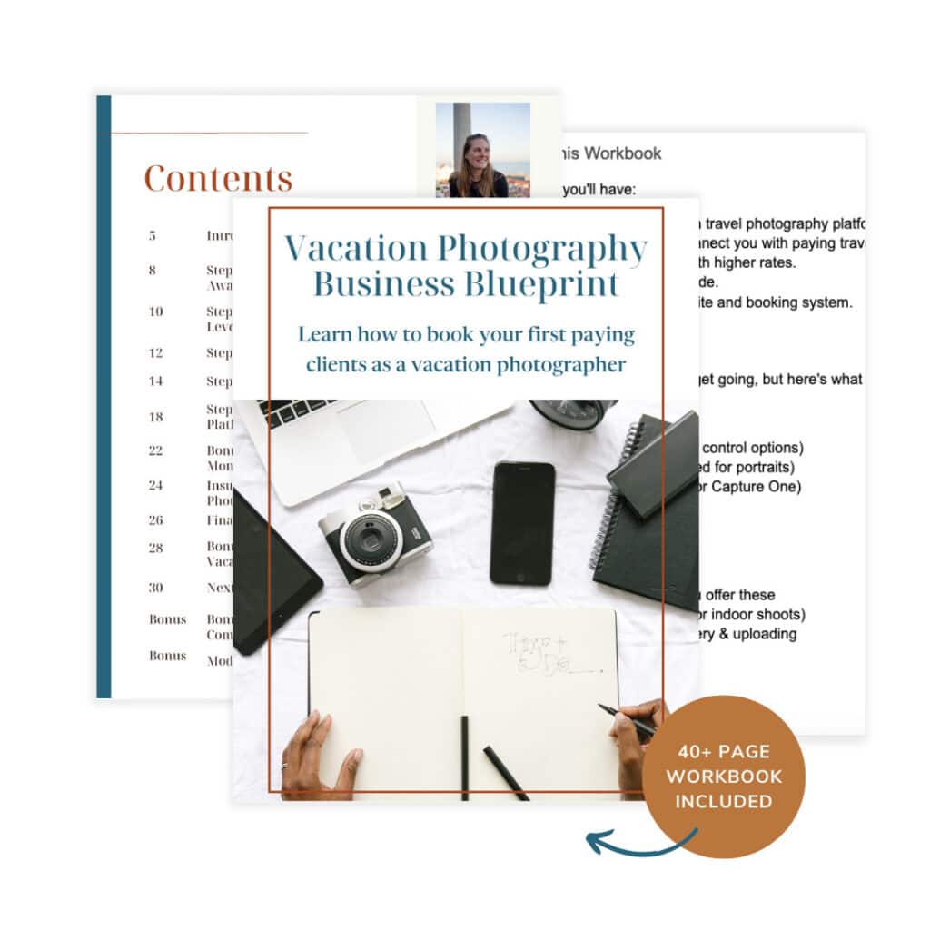 Vacation Photography Business Blueprint workbook cover mockup with camera, notebook, and laptop on desk. Available in the Photography Business Store.