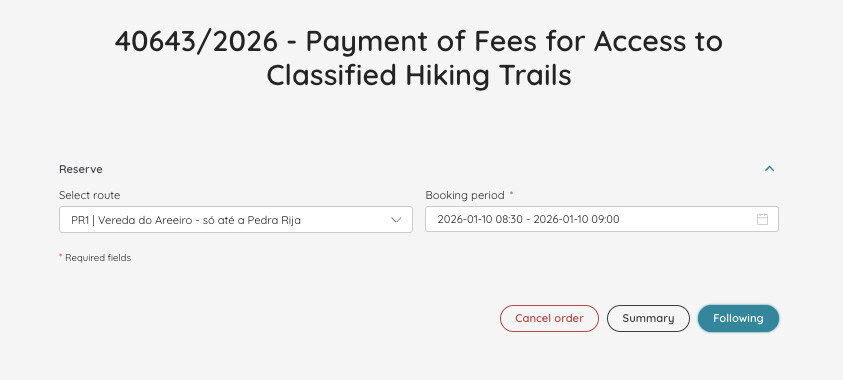 Summary page of a Madeira hike reservation, showing the selected trail, booking period, and access fee details.