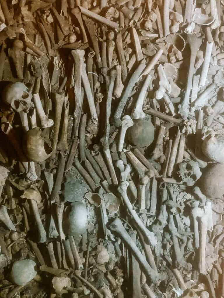 Ossos humanos amontoados na igreja de São Francisco formando uma composição densa com crânios e ossos longos visíveis lado a lado. A imagem evidencia o caráter histórico e funerário da cripta, destacando a preservação dos restos mortais ao longo do tempo.